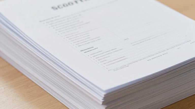 Close-up of neatly bound school reports and documents on a light wooden desk, clean and professional presentation, soft natural lighting.