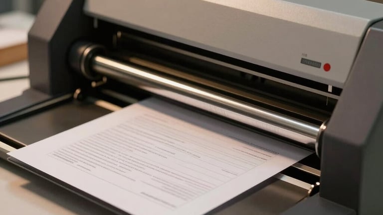 Close-up of professional laminating machine and perfectly sealed documents on a clean counter, showing precision and care, warm indoor lighting.