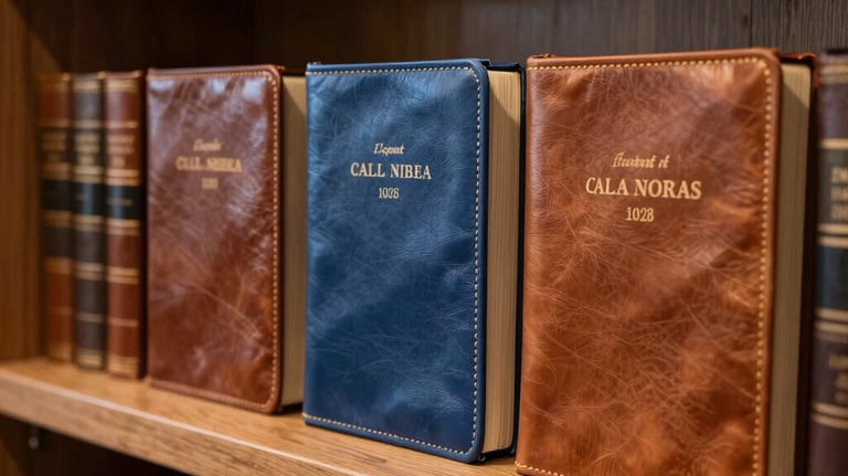 Elegant display of premium leather-bound Bibles in shades of brown, blue, and tan on polished wooden shelves, warm lighting, sophisticated bookstore aesthetic.