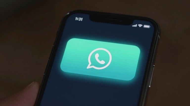 Close-up of a high-end smartphone display with a WhatsApp notification, vibrant ciano glow.