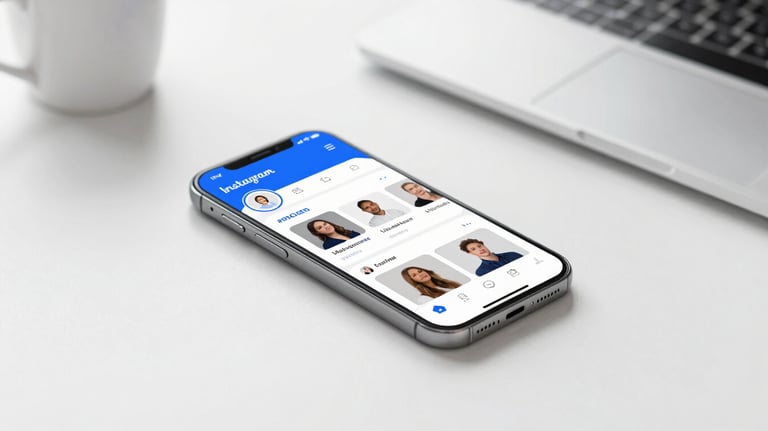 Clean minimalist office desk with a smartphone showing an Instagram profile, featuring #00CED1 highlights.
