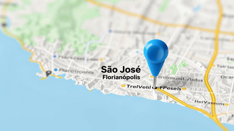 Professional high-resolution map view of São José and Florianópolis with a ciano pin.