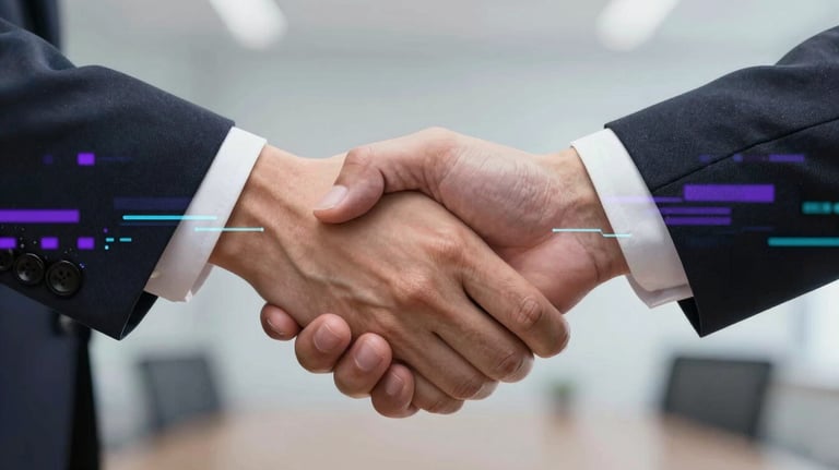 A close-up of a professional handshake with digital data overlays in purple and ciano.