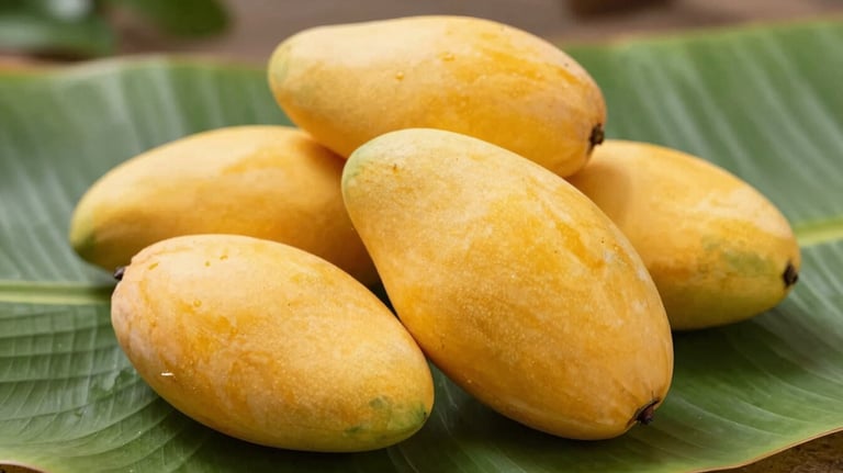 Golden-yellow Nam Dok Mai mangoes arranged on a green banana leaf, fresh and vibrant, professional product shot for export quality.
