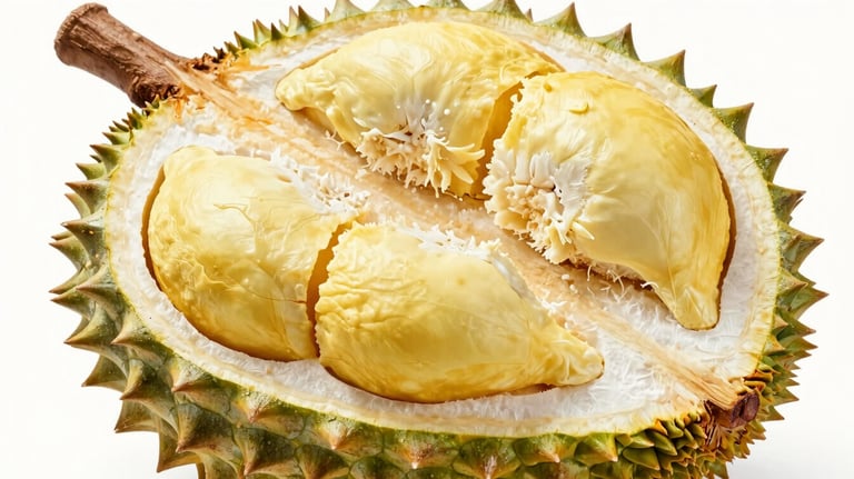 Whole and sliced Monthong durian showing rich golden pulp, professional food export quality, clean studio lighting, emphasizing freshness.