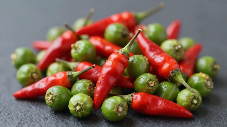 A vibrant pile of fresh bright red and green Thai bird's eye chilies, glossy skins, crisp focus, professional studio food photography with #4A6C5B color harmony.
