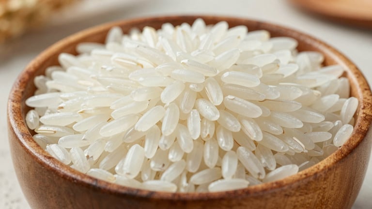 Close-up of high-quality long-grain white Jasmine rice grains in a polished wooden bowl, elegant natural lighting, clean and professional export-grade presentation.