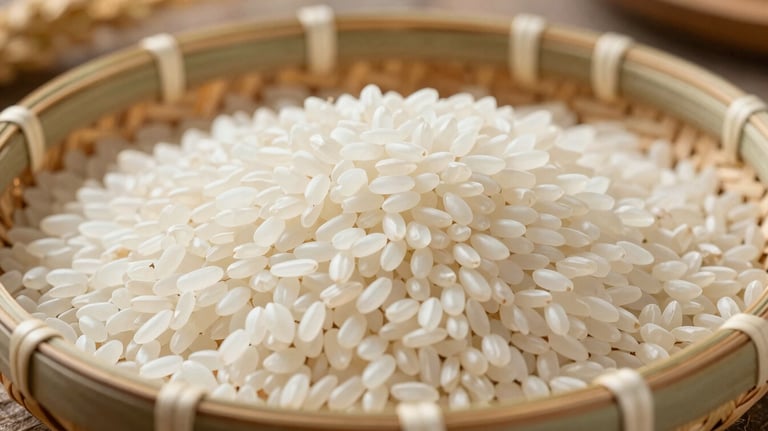 White glutinous rice grains presented in a traditional woven bamboo basket, soft natural daylight, rustic yet professional agricultural setting.