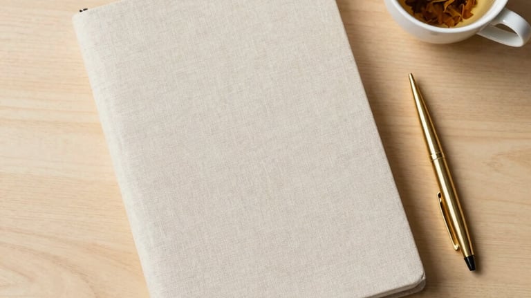 A flat lay photography of a minimalist linen-bound journal on a light wooden table next to a gold pen and a cup of herbal tea. Soft, clean, and elegant composition.