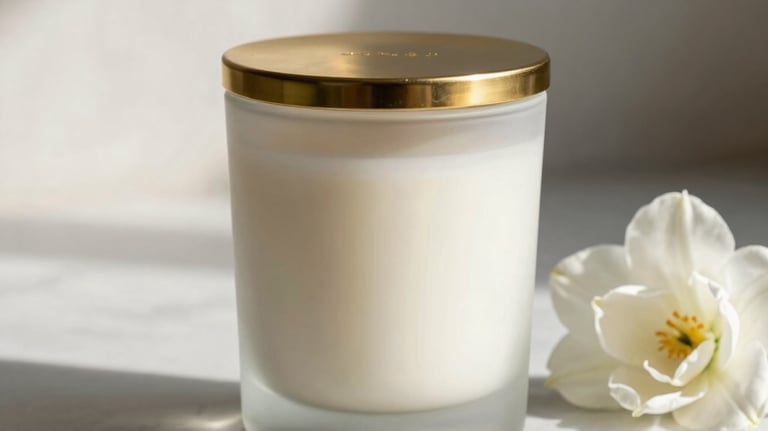 A luxury scented candle in a frosted glass jar with a gold lid, sitting on a marble surface next to a white flower. Soft morning light, Iberoamerican / Spanish interior.