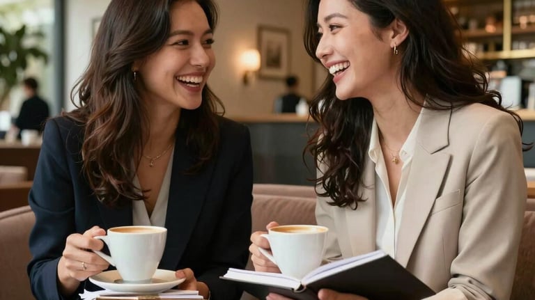 Two professional women laughing and sharing ideas over coffee and notebooks in a bright, high-end boutique hotel lobby. Warm lighting, elegant attire.