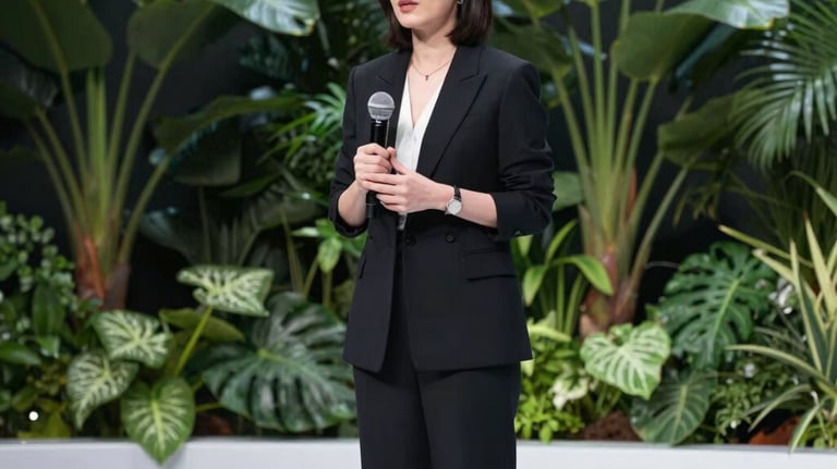 A professional woman presenting on a bright, minimalist stage with a lush botanical background. The lighting is soft and flattering, emphasizing a premium educational environment.