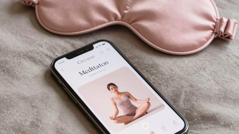 Close-up photography of a smartphone displaying an elegant digital meditation app next to a silk eye mask on a soft bed. Luxury setting, Iberoamerican / Spanish style, soft pink and taupe colors.