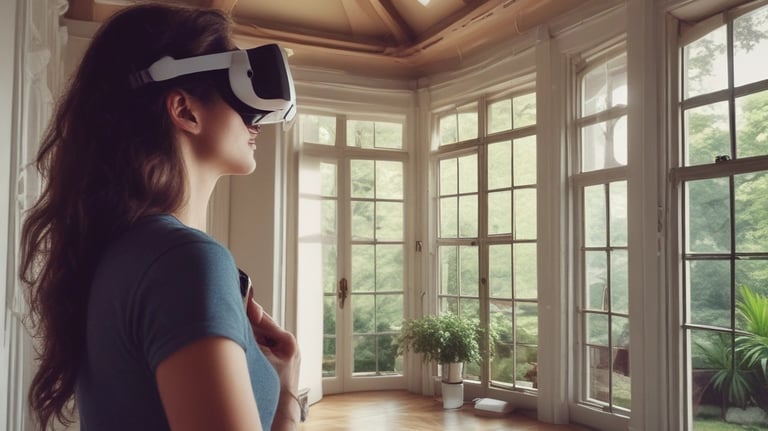 A virtual reality user touring a beautifully staged modern home.