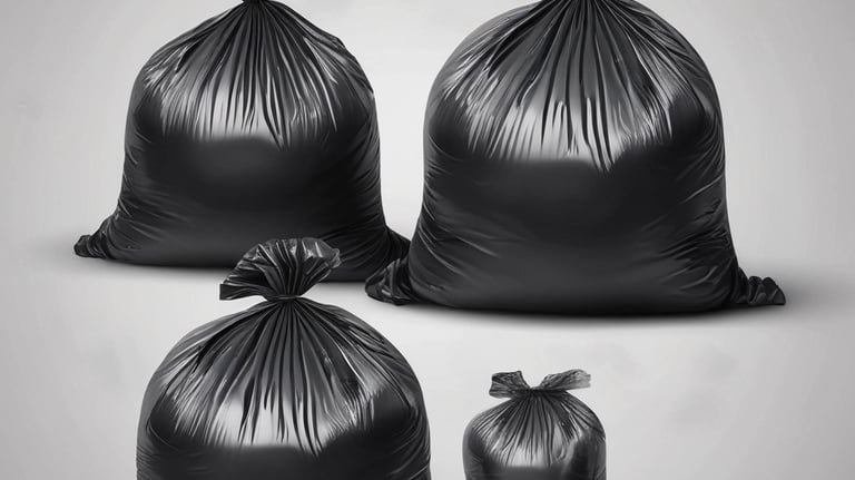 Various sizes of garbage bags and packaging materials displayed neatly