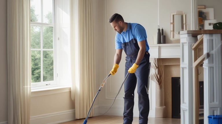 A team member in uniform vacuuming a cozy living room carpet.