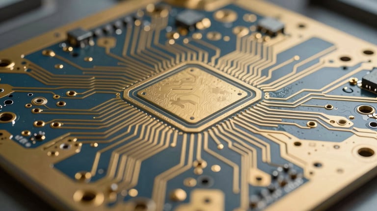Detailed view of an HDI circuit board with gold plating, intricate microvia patterns, muted slate blue highlights, high-tech manufacturing environment.