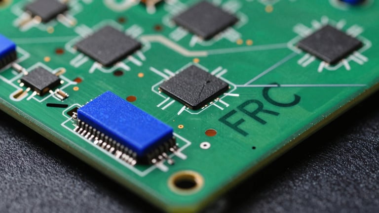 Macro shot of a green FR4 PCB board, clear fiberglass texture, vibrant royal blue accents, professional studio lighting, tech-focused composition.