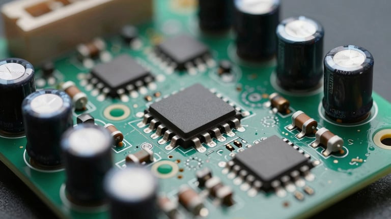 Macro photography of a finished PCBA with diverse components (capacitors, resistors, ICs), clean solder joints, cool pearl white lighting.
