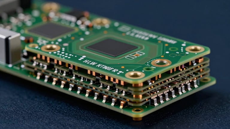 Close-up of a high-density multilayer PCB, visible cross-section layers, copper vias, deep midnight navy background, industrial precision style.