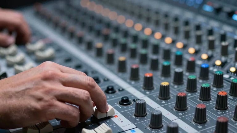 A close-up shot of a producer's hand adjusting a high-tech mixing console in a professional recording studio, with sharp focus and cool slate blue lighting.