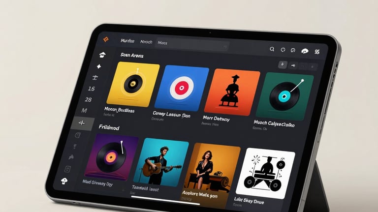 A minimalist photography composition of a tablet displaying a colorful music distribution dashboard, with soft off-white lighting and a professional studio feel.