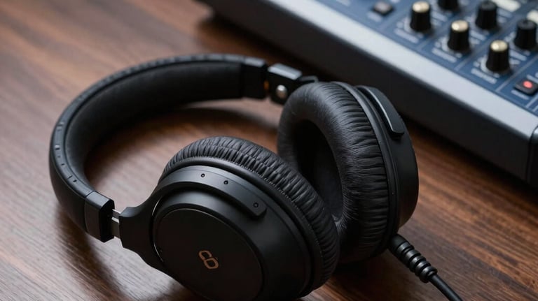 A high-resolution photograph of professional studio headphones resting on a dark wooden table next to a digital audio controller with slate blue accents.