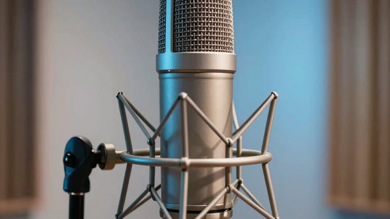 A close-up photograph of a professional studio microphone on a stand, with soft sky blue lighting reflecting off the metallic surface, located in a contemporary South Asian music studio.