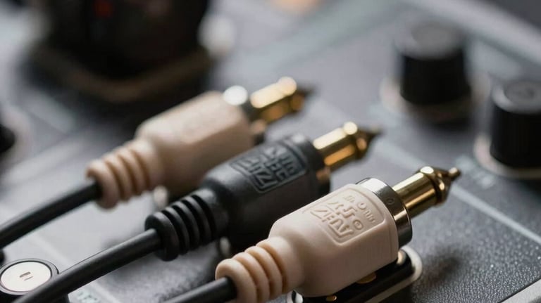 A macro photograph of professional audio cables plugged into a studio interface, with shallow depth of field and a modern South Asian tech aesthetic.