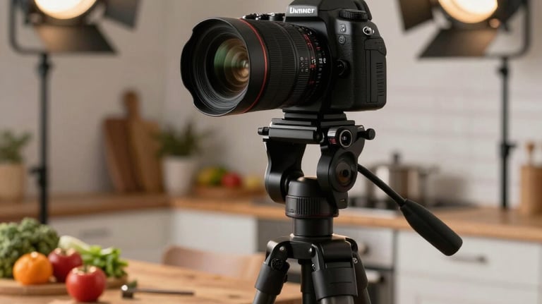A professional camera on a tripod positioned in front of a rustic kitchen set for a social media photoshoot, with studio lights and fresh ingredients.