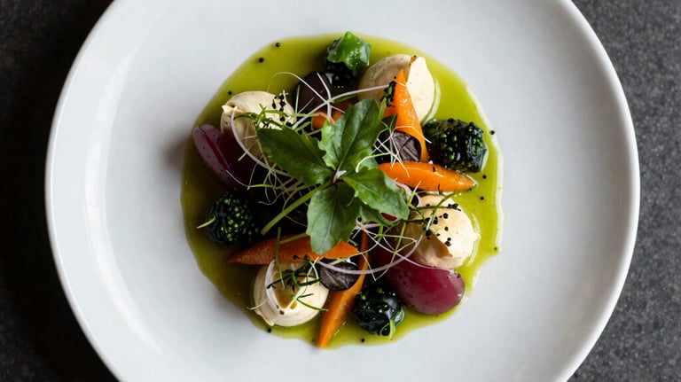 Top-down photography of a beautifully plated gourmet dish with fresh herbs and vibrant colors, shot in a professional North American / European studio setting with soft side lighting.
