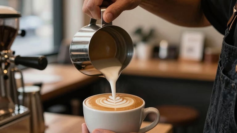A close-up of a warm, inviting cafe interior with a barista pouring latte art, shot in a North American / European city with a focus on high-end textures.