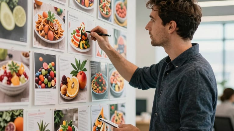 A professional digital marketing strategist working on a moodboard with food magazine cutouts and vibrant ingredient photos in a bright, modern agency space.