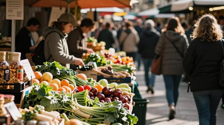 A bustling, vibrant modern food market in a European city, featuring stalls of fresh organic produce and artisanal goods under warm sunlight.