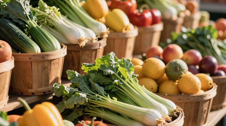 A vibrant North American / European farmers market stall, overflowing with a colorful abundance of fresh, organic vegetables and fruits. The produce is artfully arranged in rustic wooden baskets and crates. Soft, warm natural sunlight illuminates the scene, highlighting the rich textures and natural colors of the food. The atmosphere is inviting and authentic, captured with a shallow depth of field in a professional, warm, and premium photography style.