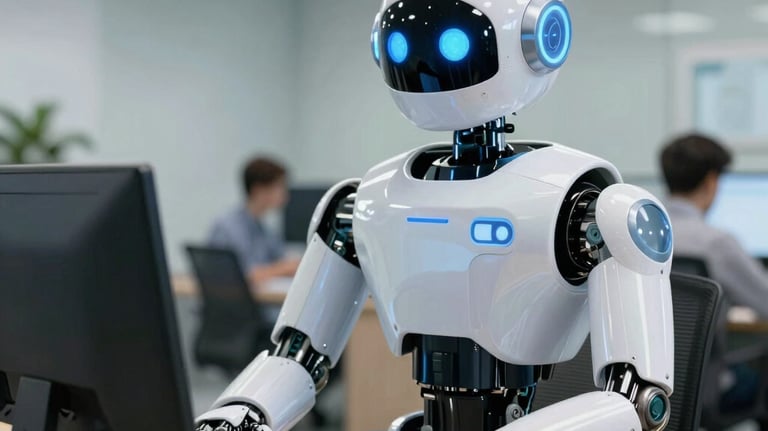 An AI-powered robot assisting in warehouse operations with orange highlights