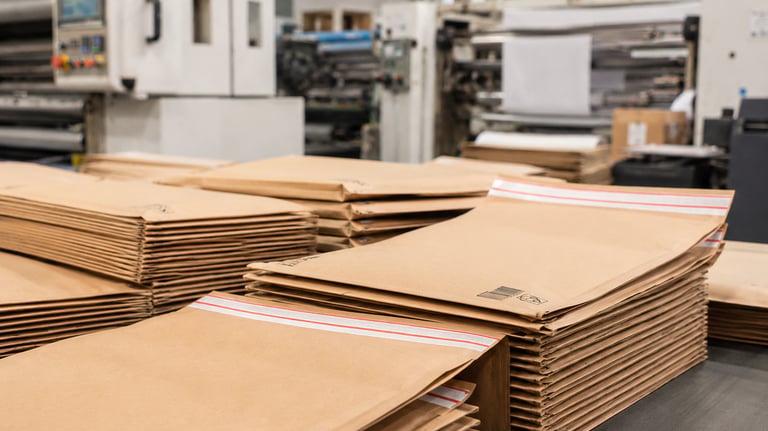 Kraft paper mailer and envelope production samples with barcode and recycling mark details