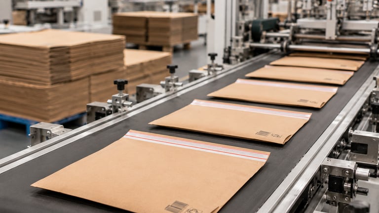 Kraft paper mailers arranged on a production line for workshop and equipment support
