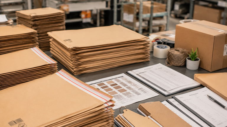 Export-ready kraft paper mailer samples with packing details and order specification documents