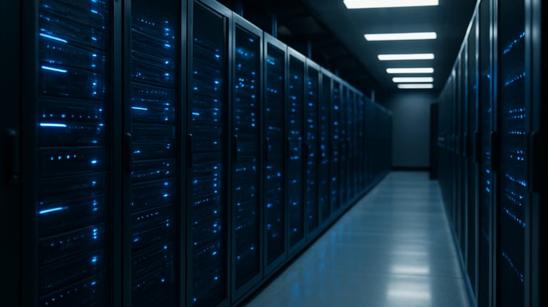 An image of a sleek server room or high-tech data center with glowing blue lights, symbolizing secure, verified data processing. Professional and clean composition.