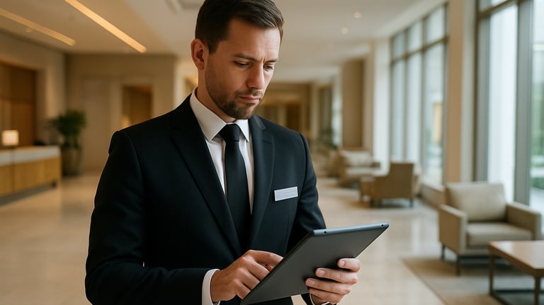 A professional hotel manager checking a tablet in a bright, contemporary resort lobby. Clean lines, bright lighting, North American / International.