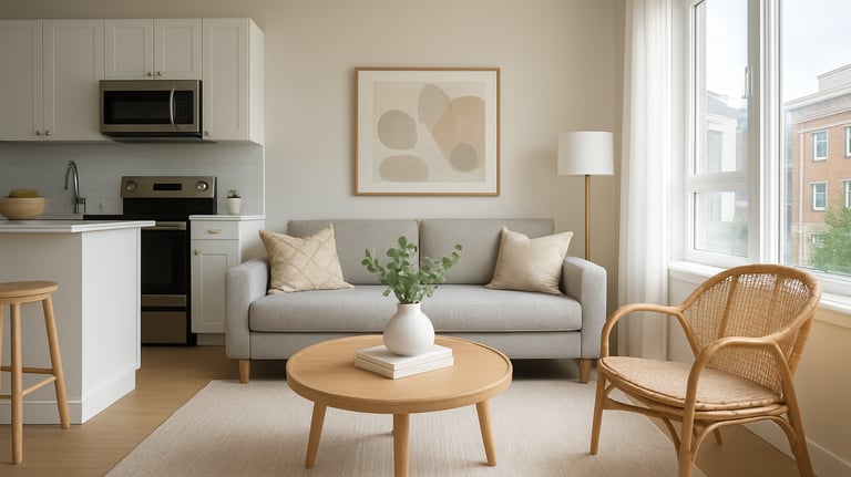 An interior shot of a beautifully staged Airbnb apartment, highlighting cleanliness and professional management. Bright daylight, North American / International decor.