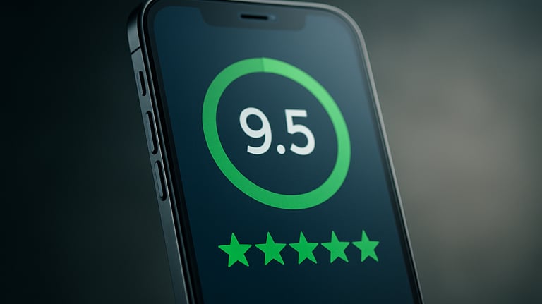 An image of a stylized professional rating interface, showing a high trust score on a clean mobile screen. Professional photography of a tech-forward solution.