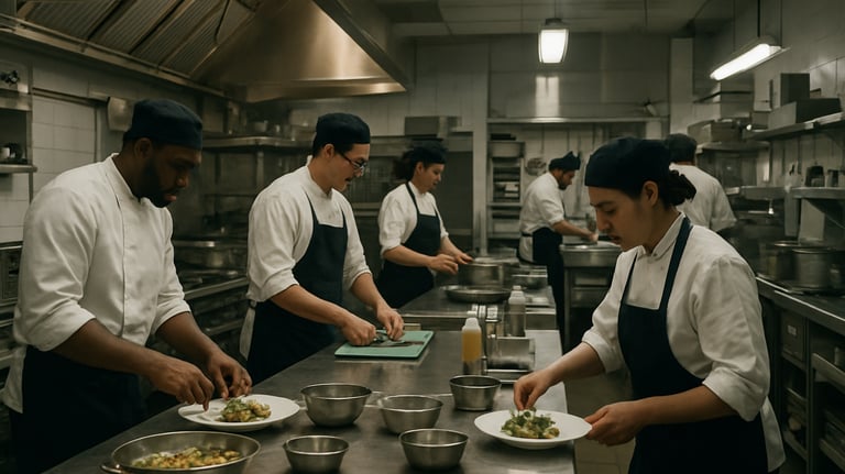 A busy, well-organized restaurant kitchen with a diverse team of chefs working efficiently. Clean, industrial lighting. North American / International setting.