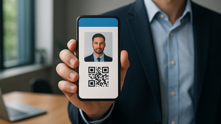 A professional holding a clean, digital credential badge on a mobile device in a modern workspace. Sharp focus, professional lighting, North American / International setting.