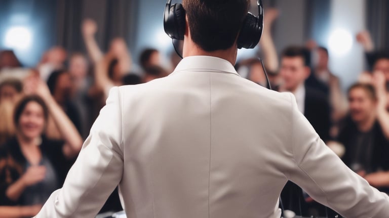 DJ mixing music at a wedding reception with guests dancing happily.