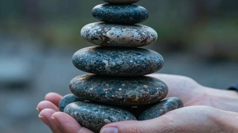 Close-up photography of a person's hands holding a stack of smooth river stones, soft focus North American forest background, slate blue and amber lighting.