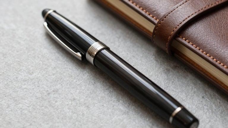 Close-up photography of an open fountain pen and a leather notebook on a light slate gray surface, North American interior setting.