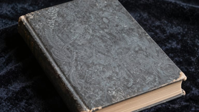 Photography of an aged hardcover book resting on a dark navy velvet cloth, North American study setting, moody slate gray lighting.