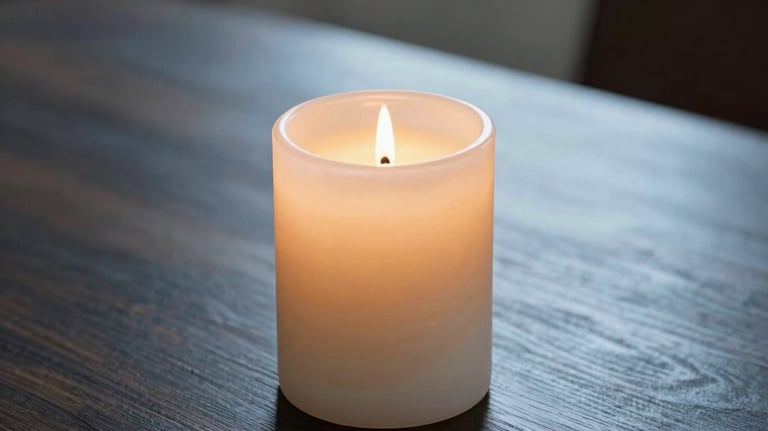 Professional photography of a single glowing candle on a dark wood table, North American home setting, soft slate blue shadows.